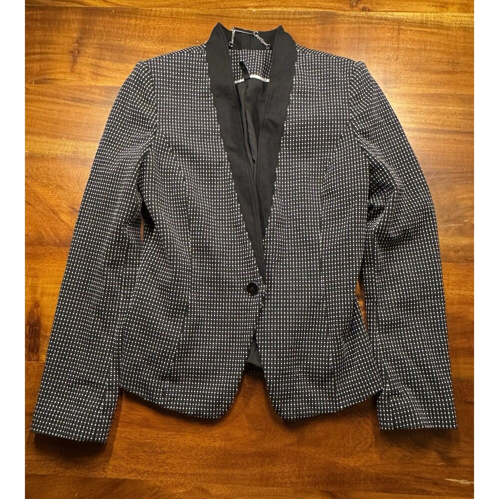 White House Black Market Blazer Womens 0 Black White Dot Textured Jacket Stretch
